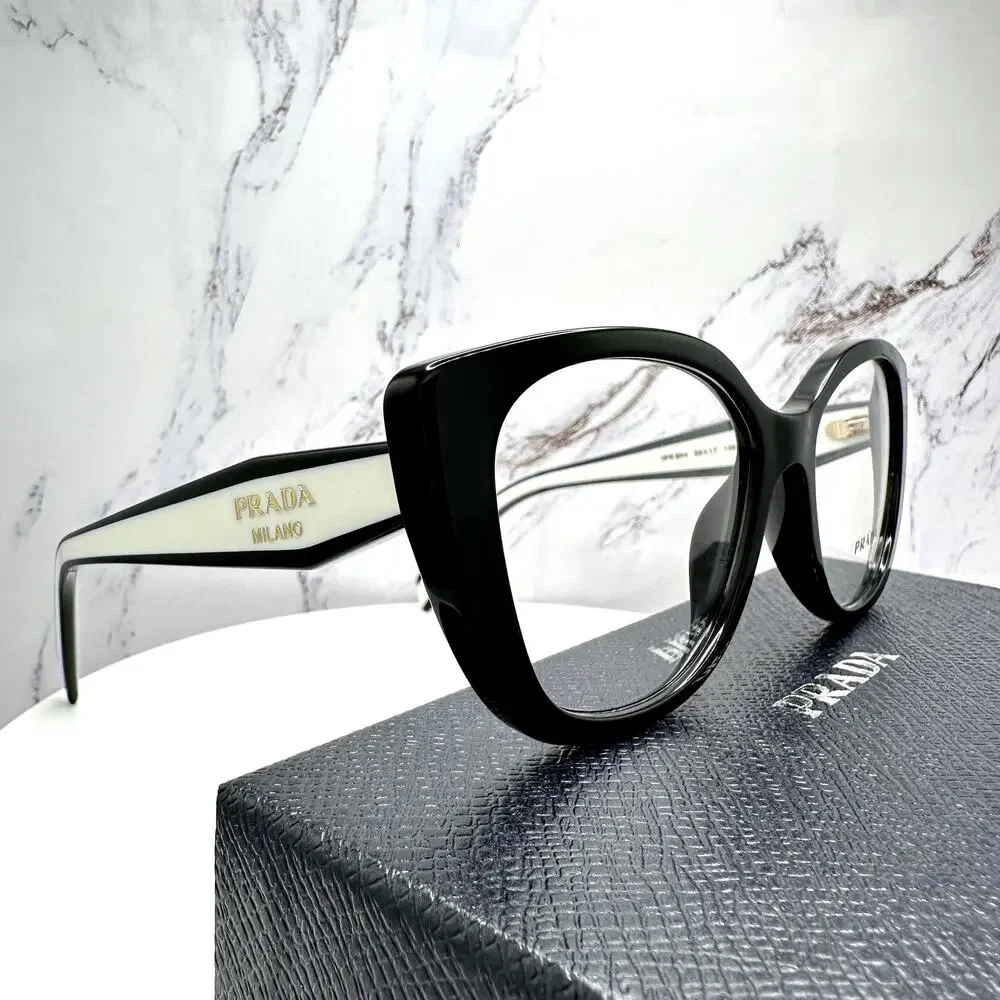 New PRADA Eyeglasses Cat Eye Black White Gold 53-17-140 Womens